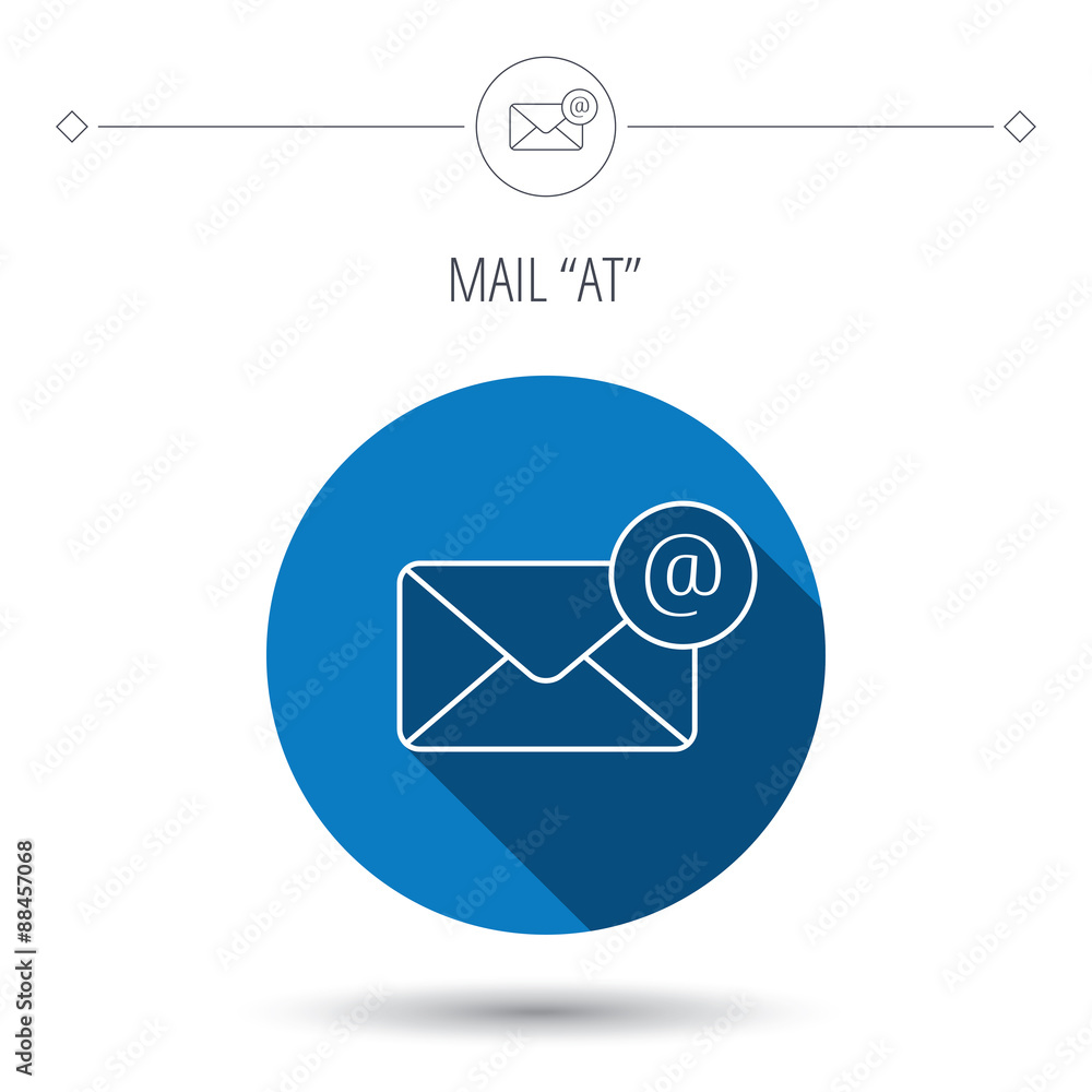 Envelope mail icon. Email message with AT sign. Envelope mail icon. Email message with AT sign.