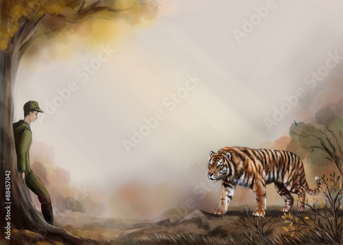 Тигр и охотник в лесу. Иллюстрация с местом для текста photo