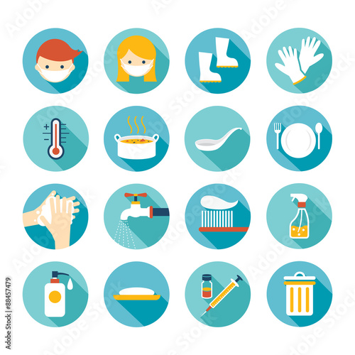Health and Sanitation Flat Icons Set, Cleanness, Contagious Disease Prevention and Secure