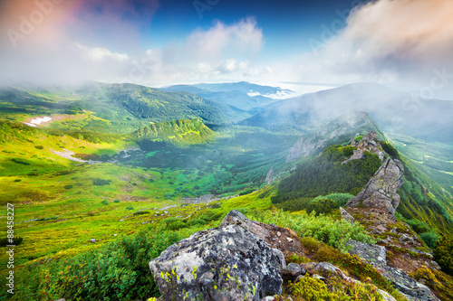 Colorful summer sunrise in the foggy Carpathian mountains. © Andrew Mayovskyy