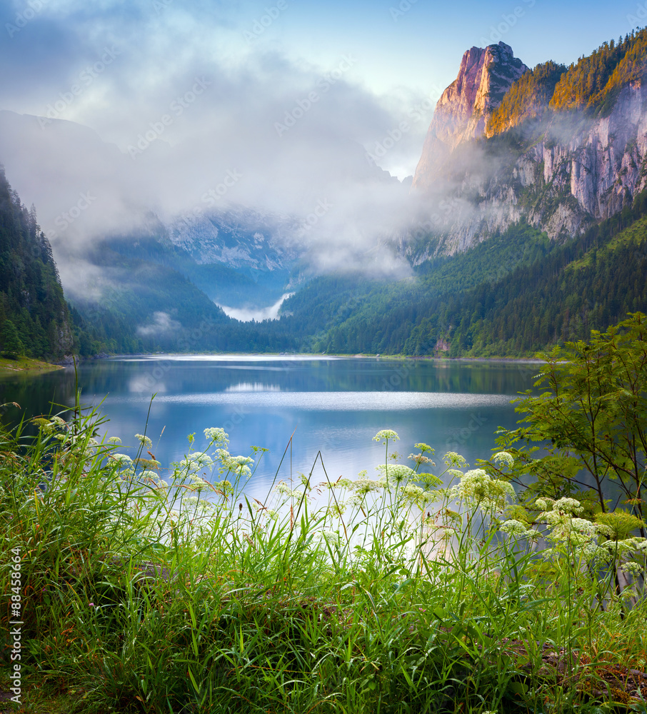 Naklejka premium Foggy summer morning on the Vorderer Gosausee lake