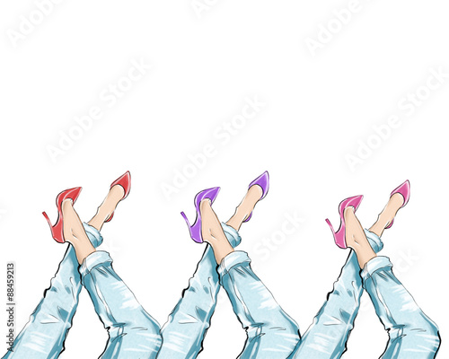 Watercolor hand drawn illustration - girl wearing heels and blue denim jeans photo
