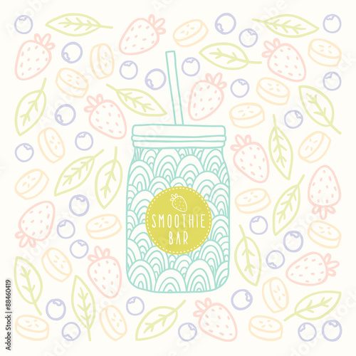 Mason jar with smoothie bar logotype on fruits and berrys