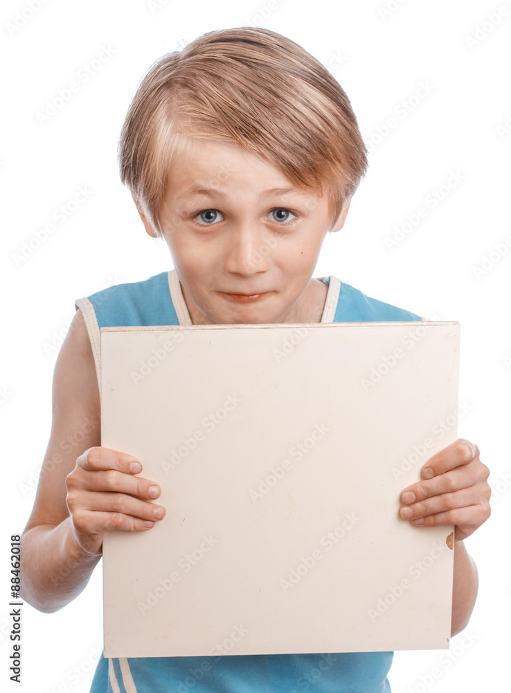 Boy on a white background with blank boad Boy on a white background with blank boad