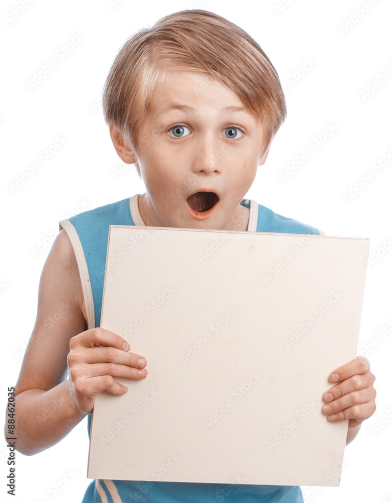 Boy on a white background with blank boad Boy on a white background with blank boad