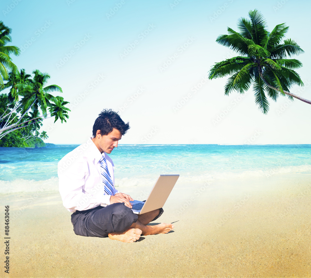 Businessman Business Travel Working Beach Concept
