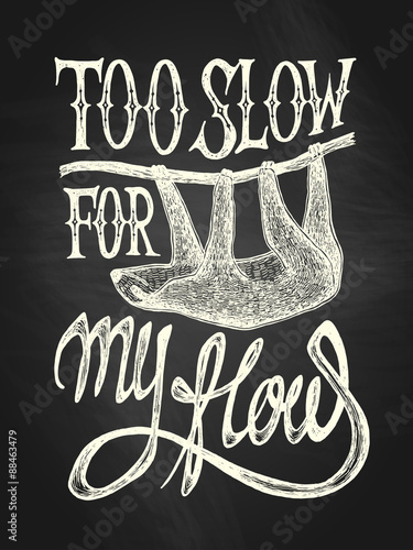 Illustration of a sloth with "Too slow for my flow" hand drawn quote, white on the blackboard background