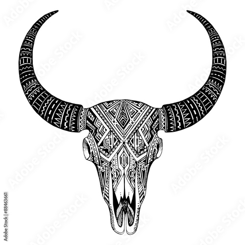 Decorative indian bull skull in tattoo tribal style.