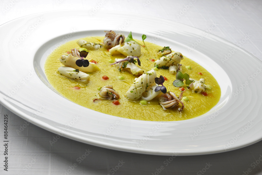 Fish Dish Cream of Jerusalem artichokes with saffron and squid w Fish Dish Cream of Jerusalem artichokes with saffron and squid w