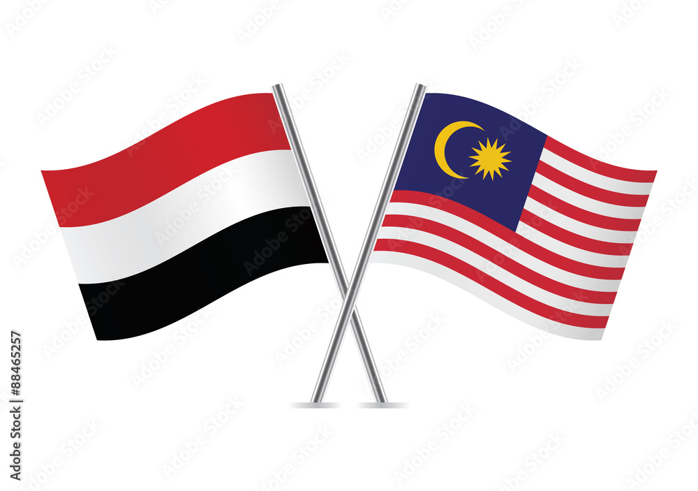 Yemen and Malaysia flags. Vector illustration. Yemen and Malaysia flags. Vector illustration.