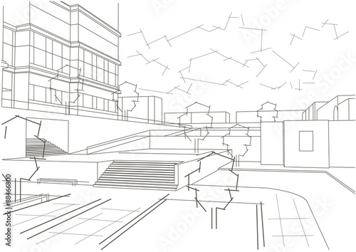 Linear architectural sketch residential quarter