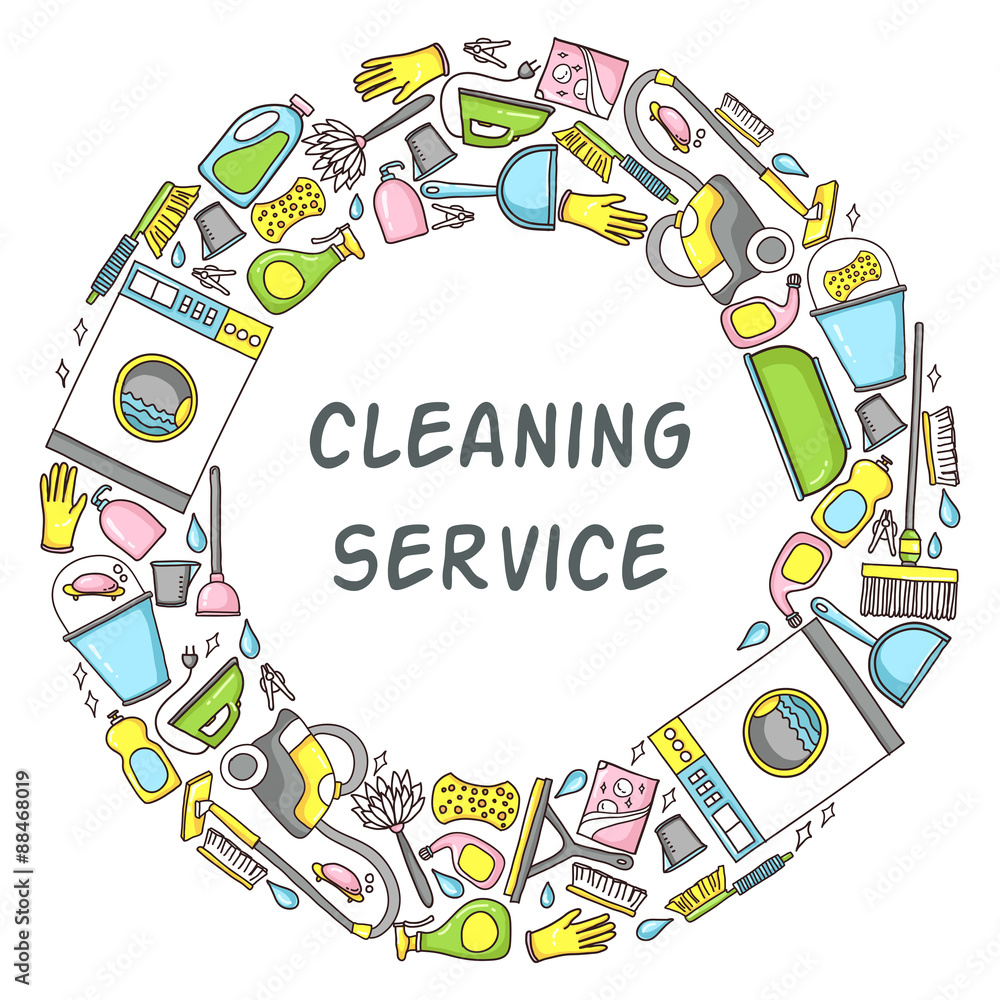 Vector circular doodle  illustration of cleaning equipment