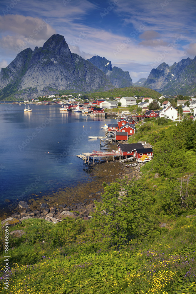 Norway. Scenic town of Reine on Lofoten islands in Norway on sunny summer day.