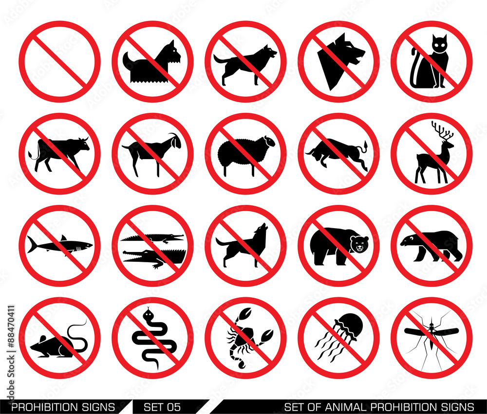 Set of animal prohibition signs. Collection of signs that ban animal presence. Animal entrance is not allowed. Set of animal prohibition signs. Collection of signs that ban animal presence. Animal entrance is not allowed.