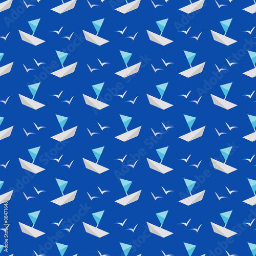 Vector seamless pattern sea and ship Vector flat.
