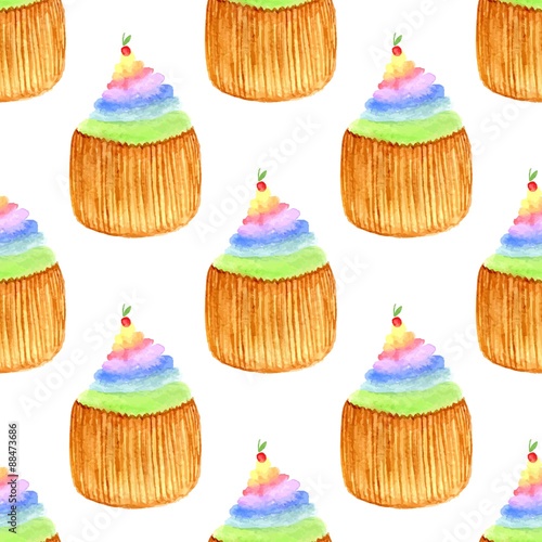 Sweet cupcakes with cherry. Seamless vector pattern. Hand drawn rainbow watercolor painting.