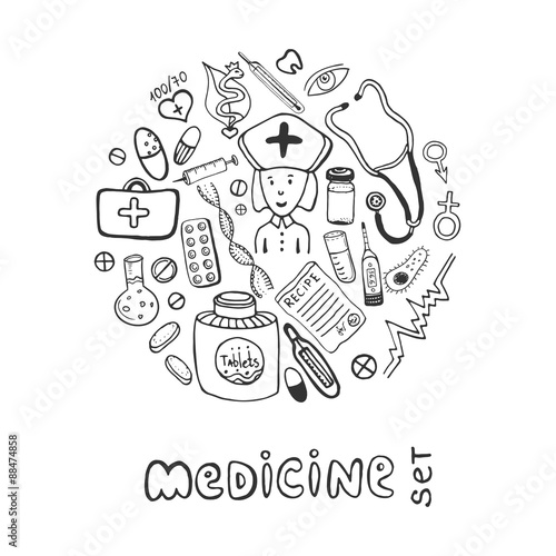 Hand drawn medicine doodle icons set. Sketches healthcare and medical