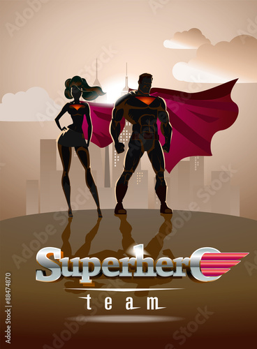 Poster. Superhero Couple: Male and female superheroes, posing in