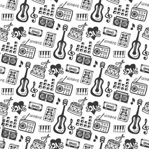 Music seamless pattern with doodle musical instruments and sound elements . Vector illustration music print