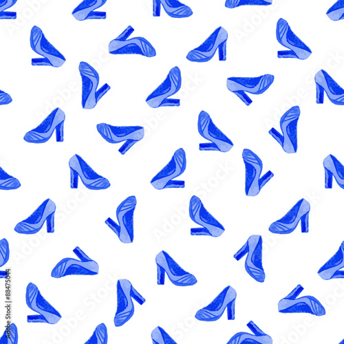 Watercolor shoes seamless pattern. Vector fashion background with painting blue shoes.