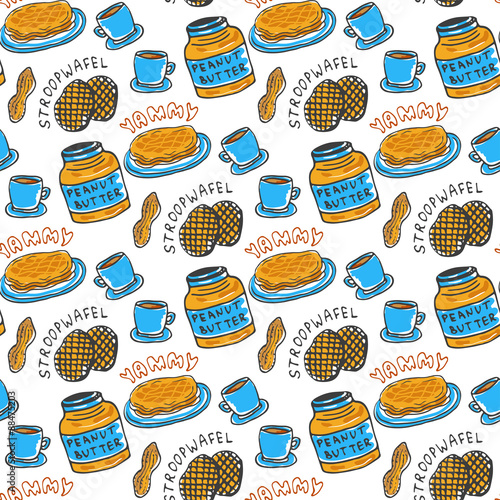 Hand drawn peanut butter seamless pattern. Vector background with breakfast, tea, nuts, stroopwafel and pancakes. For wrapping and packaging design.