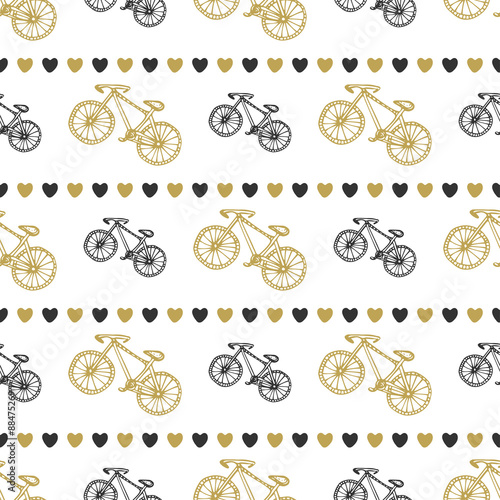 Creative hand drawn seamless pattern with bikes and hearts in black and gold colors. Vector background with bicycle. You can use for wrapping, wallpaper