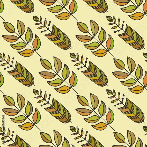 Ethnic seamless pattern with ornamental colorful stylized leaves. Endless texture, template for fabric, textile