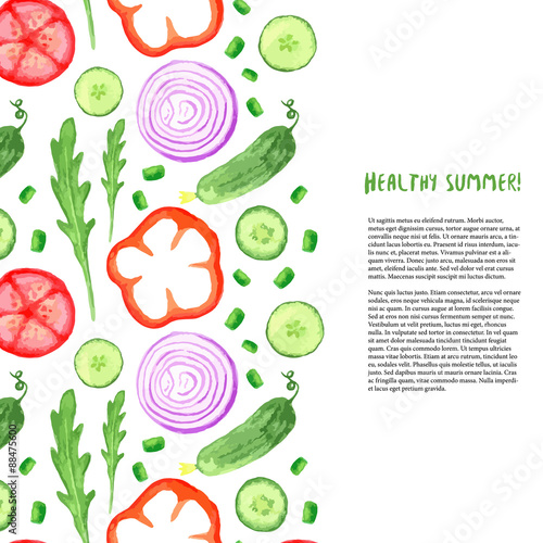 Hand paint watercolor vegetables set. Watercolor border with arugula, cucumber, tomato