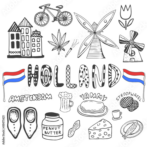 Doodle hand drawn collection of Holland icons. Netherlands culture elements for design. Vector illustration with travel objects.