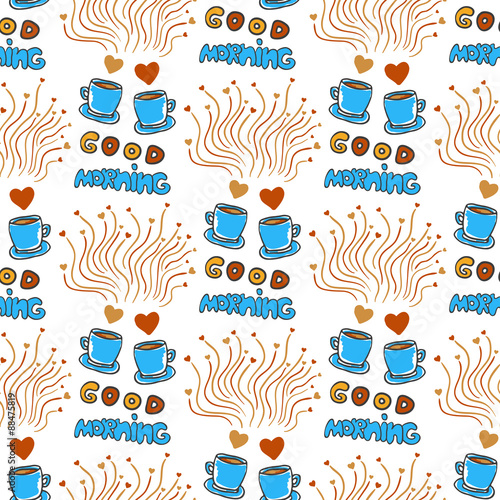 Cute seamless pattern with hand drawn sketchy tea and coffee cups, hearts and Good morning lettering. Love coffee doodle background