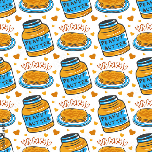 Hand drawn peanut butter seamless pattern. Vector background with breakfast pancakes. For wrapping and packaging food design.