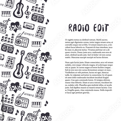 Music seamless border with musical instruments and hand drown sound stuff. Template for flyer, banner, poster, brochure, cover