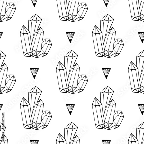 Black and white crystals minerals rocks hand drawn vector seamless pattern. Triangle hipster background with jewel