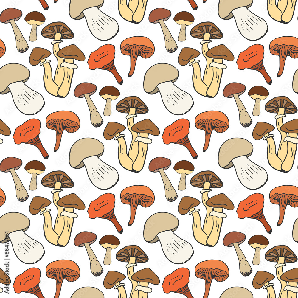 Hand drawn mushrooms seamless pattern in color. Doodle sketch vector background with edible mushrooms. Healthy food. Hand drawn mushrooms seamless pattern in color. Doodle sketch vector background with edible mushrooms. Healthy food.