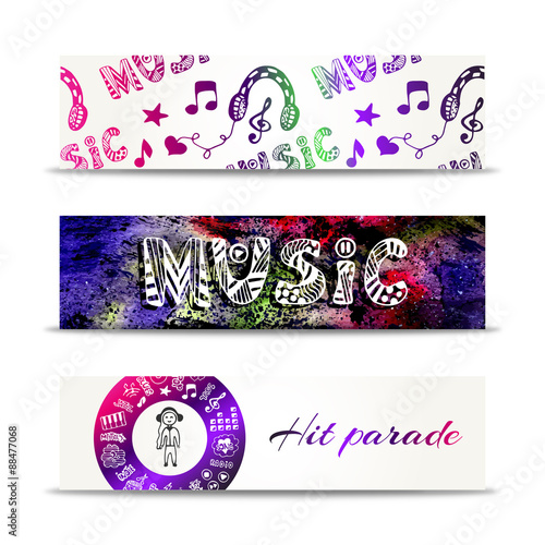 Music banners. Vector template with doodle lettering and musical elements. Hit parade concept.