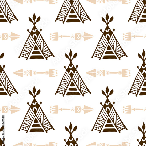 Seamless wigwam pattern with arrows. Hand-drawn indian background vector. Native american tent pattern.