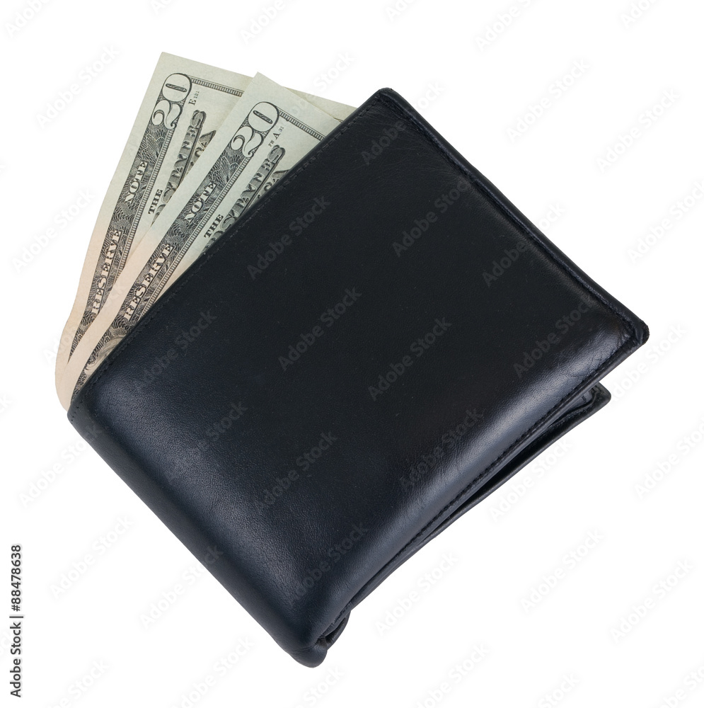 Black leather wallet with dollars isolated on white background Black leather wallet with dollars isolated on white background