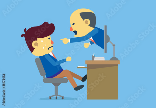 Emotional boss out of a computer monitor for reprimanding subordinate. This is online communication concept such as email, video call, voice mail or other social media
