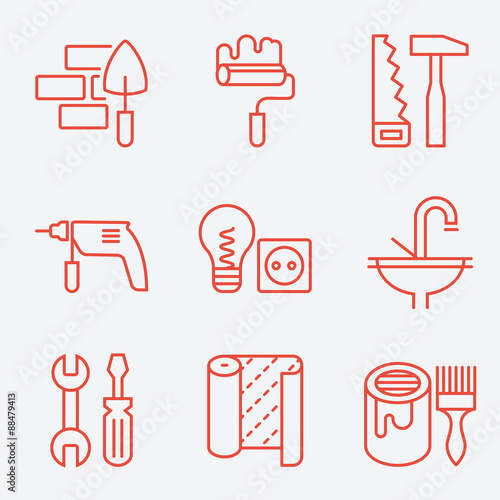 Home repair icons, thin line style, flat design