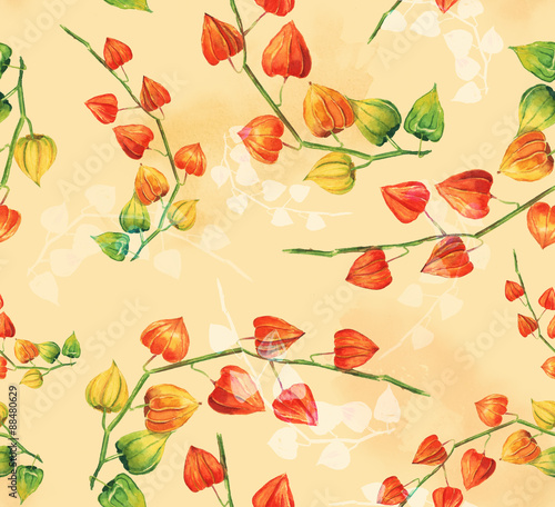 Watercolor physalis seamless background pattern  toned