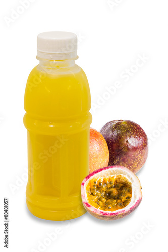 passion fruit  juice in plastic bottle with fruit isolated on wh