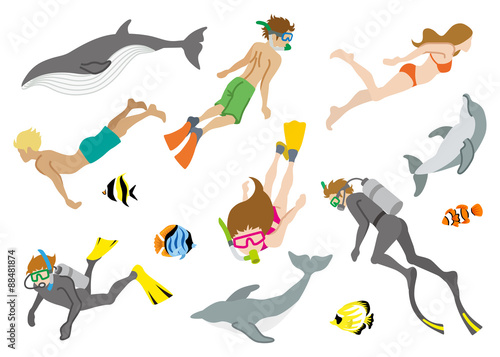 Swimming people and Marine life set