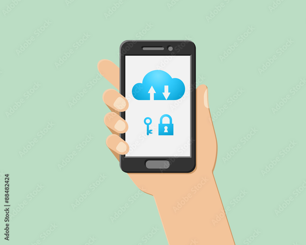 Cloud computing concept with key and lock as security symbol. Hand holding smartphone. Cloud computing concept with key and lock as security symbol. Hand holding smartphone.