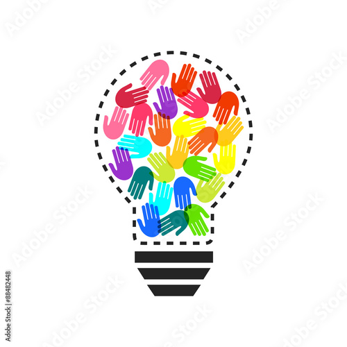 Lightbulb with colorful handprints inside as teamwork and idea concept