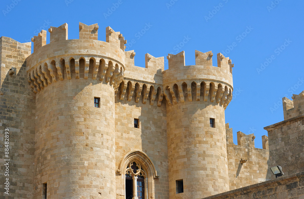 Towers and battlements of the Order of the Knights Castle in Rhodes, Greece.