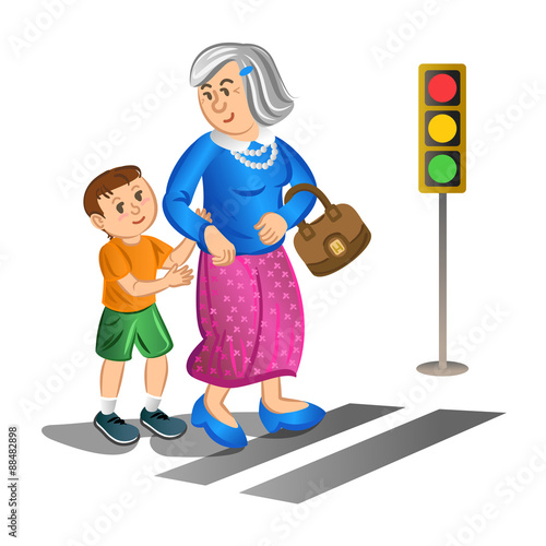Boy helping old lady cross the street. Vector Illustration.