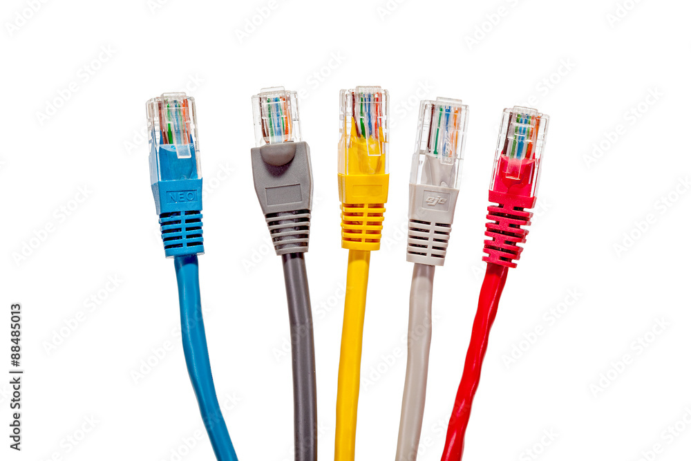 Multicolored network cables with connectors RJ45 on a white background