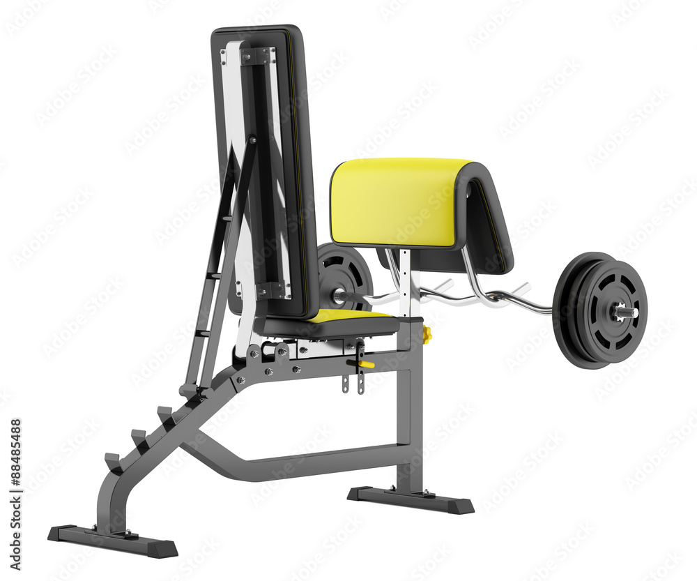 gym arm curl bench with barbell isolated on white background