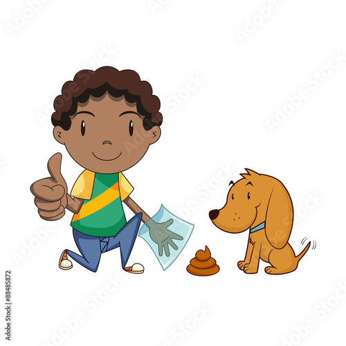 Boy cleaning dog waste