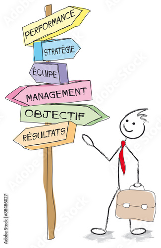 personnage devant panneau performance stratégie équipe management objectif résultat